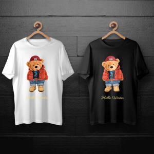 طرح لایه باز خرس تدی با کلاه قرمز و کاپشن نارنجی برای چاپ روی انواع تیشرت